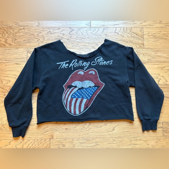 ROLLING STONES Lips Cropped Womens Sweatshirt Large Cut Away Crewneck Black - Picture 1 of 6
